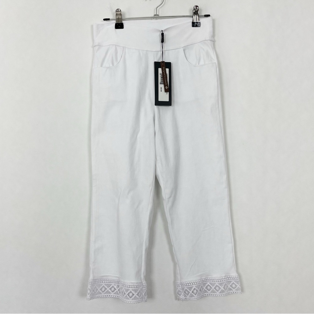 NWT Women’s Papa Vancouver White Cropped Leggings Pants Lace Trim‎ Size Small